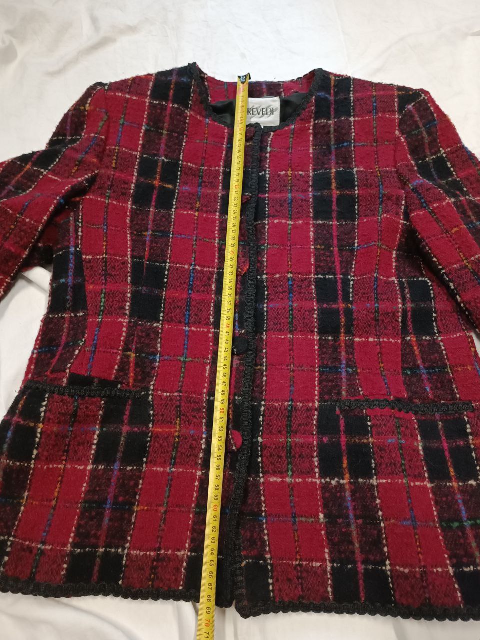 giacca vintage modello blazer bouclè fantasia tartan rosso e nero