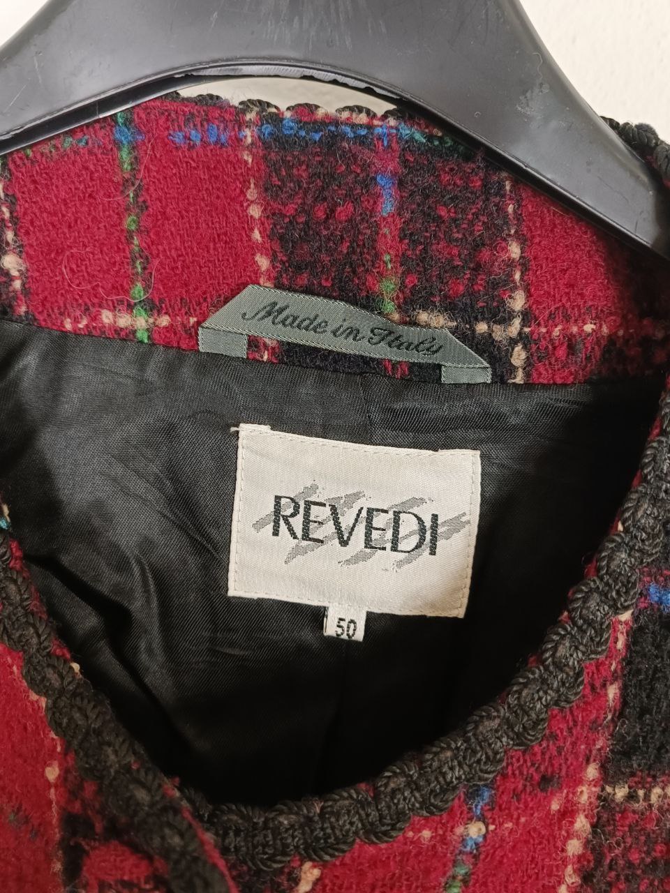 giacca vintage modello blazer bouclè fantasia tartan rosso e nero