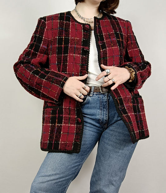 giacca vintage modello blazer bouclè fantasia tartan rosso e nero
