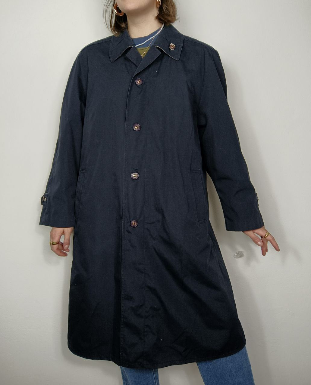 cappotto trench vintage lungo blu navy classico