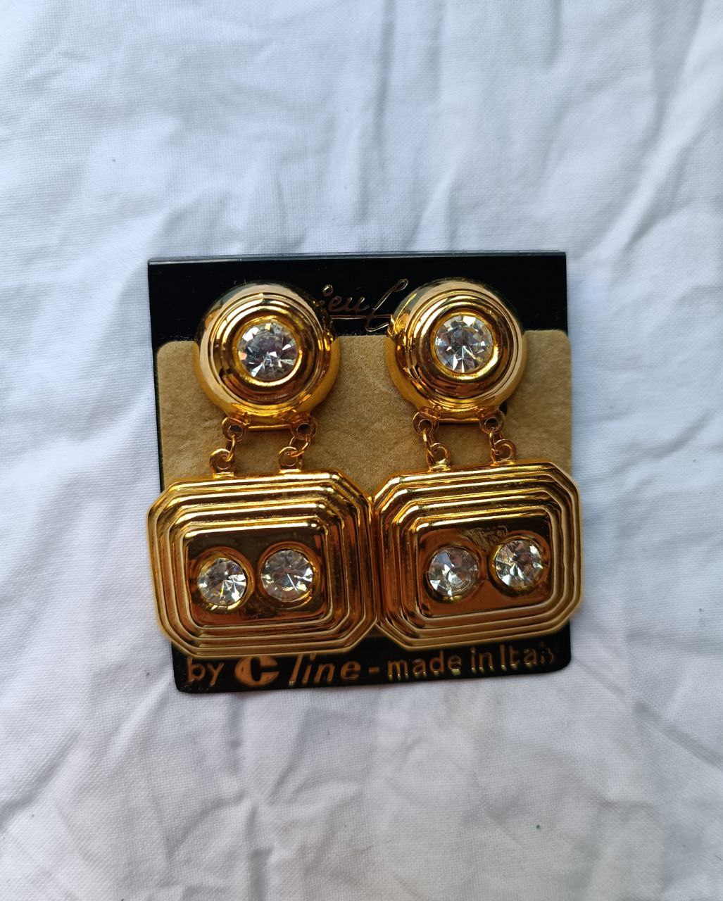 orecchini vintage nuovi anni 80 dorati pendenti con strass, chiusura clip-on