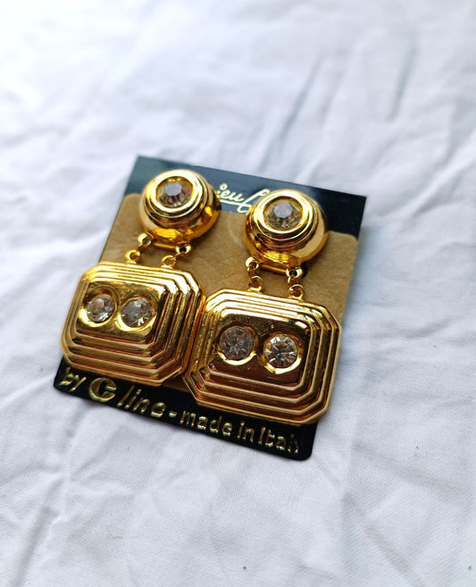 orecchini vintage nuovi anni 80 dorati pendenti con strass, chiusura clip-on