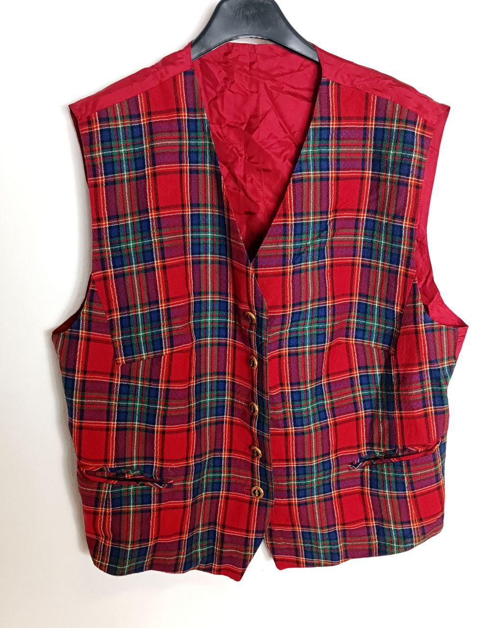 gilet vintage oversize in fantasia a quadretti scozzese tartan rosso in lana
