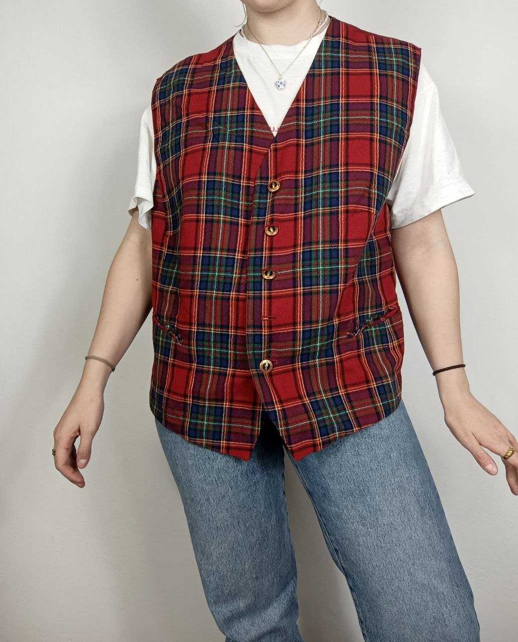 gilet vintage oversize in fantasia a quadretti scozzese tartan rosso in lana