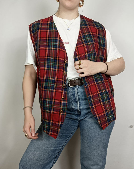 gilet vintage oversize in fantasia a quadretti scozzese tartan rosso in lana