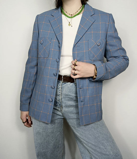 blazer vintage azzurro carta da zucchero in lana, fantasia a quadretti