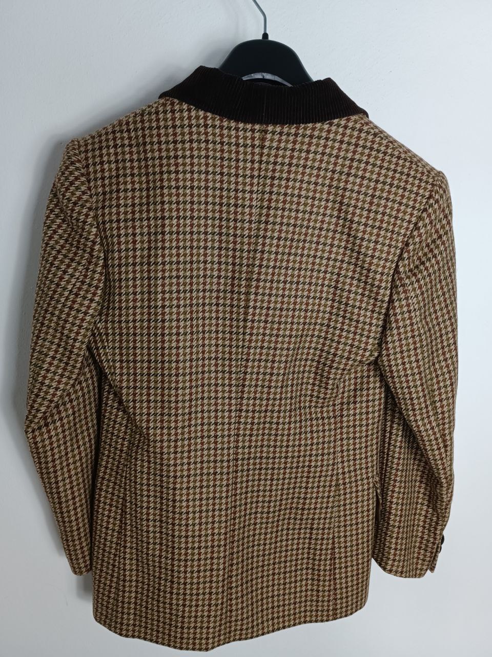 Giacca blazer vintage fantasia a quadretti marrone e beige in lana, colletto in velluto a coste