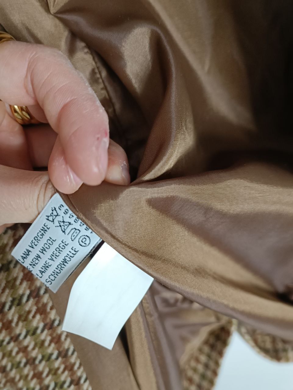 Giacca blazer vintage fantasia a quadretti marrone e beige in lana, colletto in velluto a coste