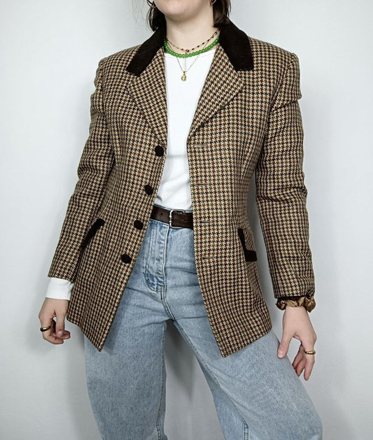 Giacca blazer vintage fantasia a quadretti marrone e beige in lana, colletto in velluto a coste