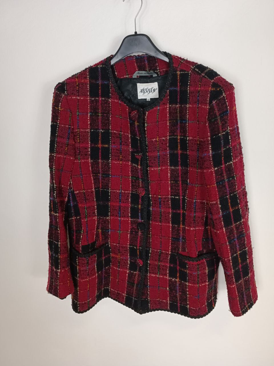 giacca vintage modello blazer bouclè fantasia tartan rosso e nero