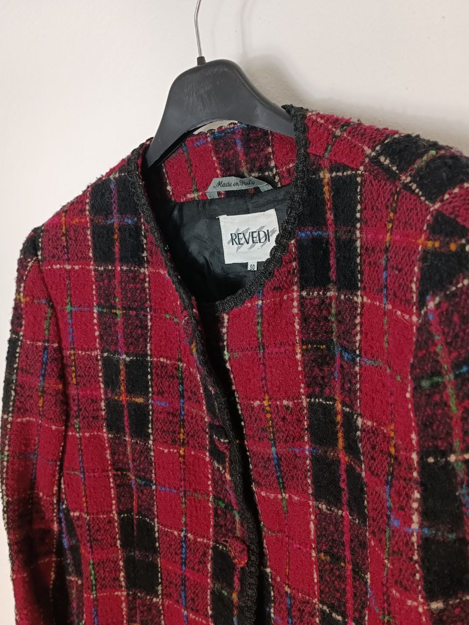 giacca vintage modello blazer bouclè fantasia tartan rosso e nero