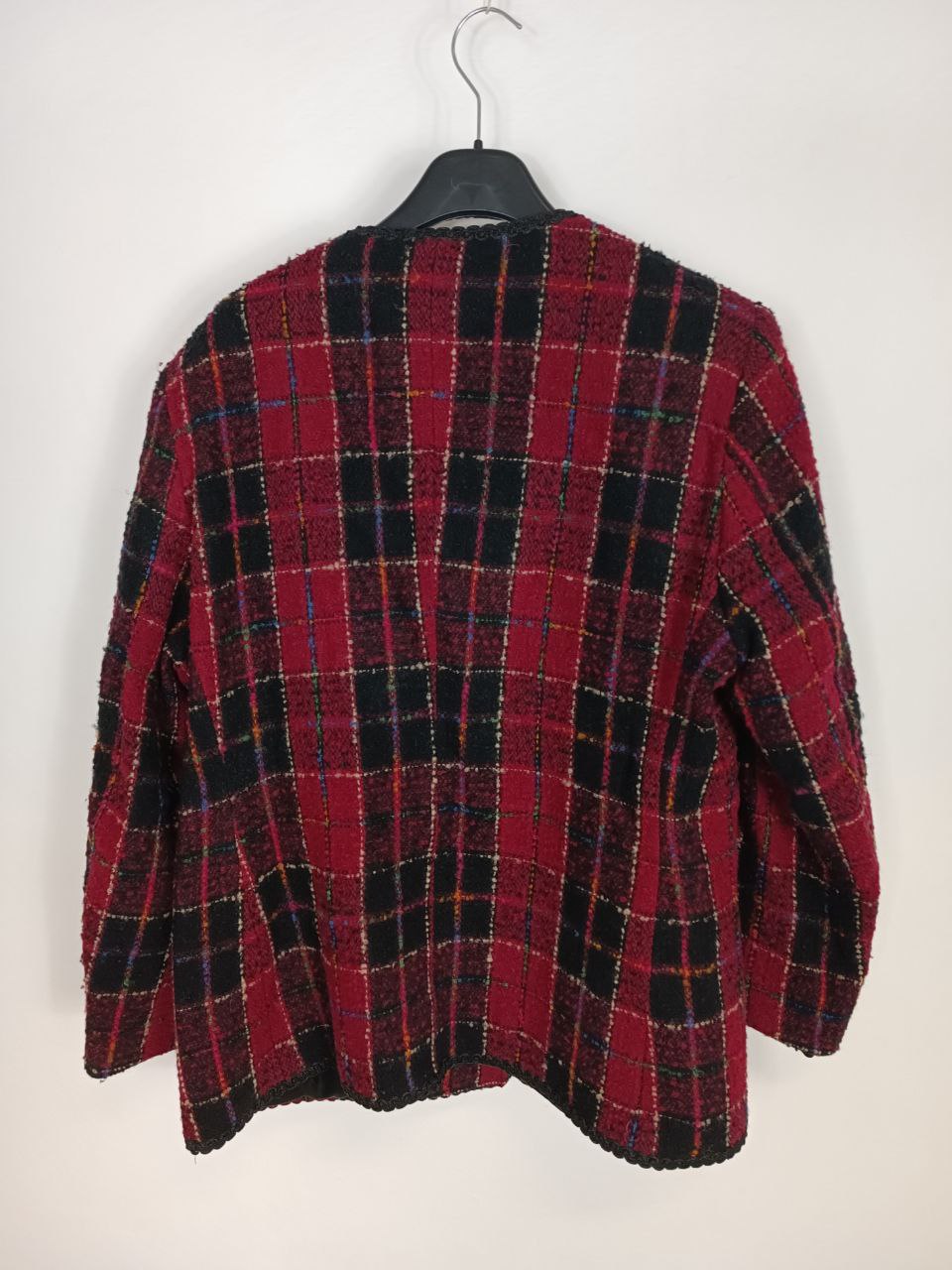 giacca vintage modello blazer bouclè fantasia tartan rosso e nero