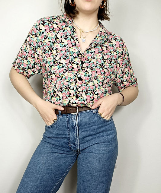 camicia vintage con fantasia floreale, amiche corte in viscosa