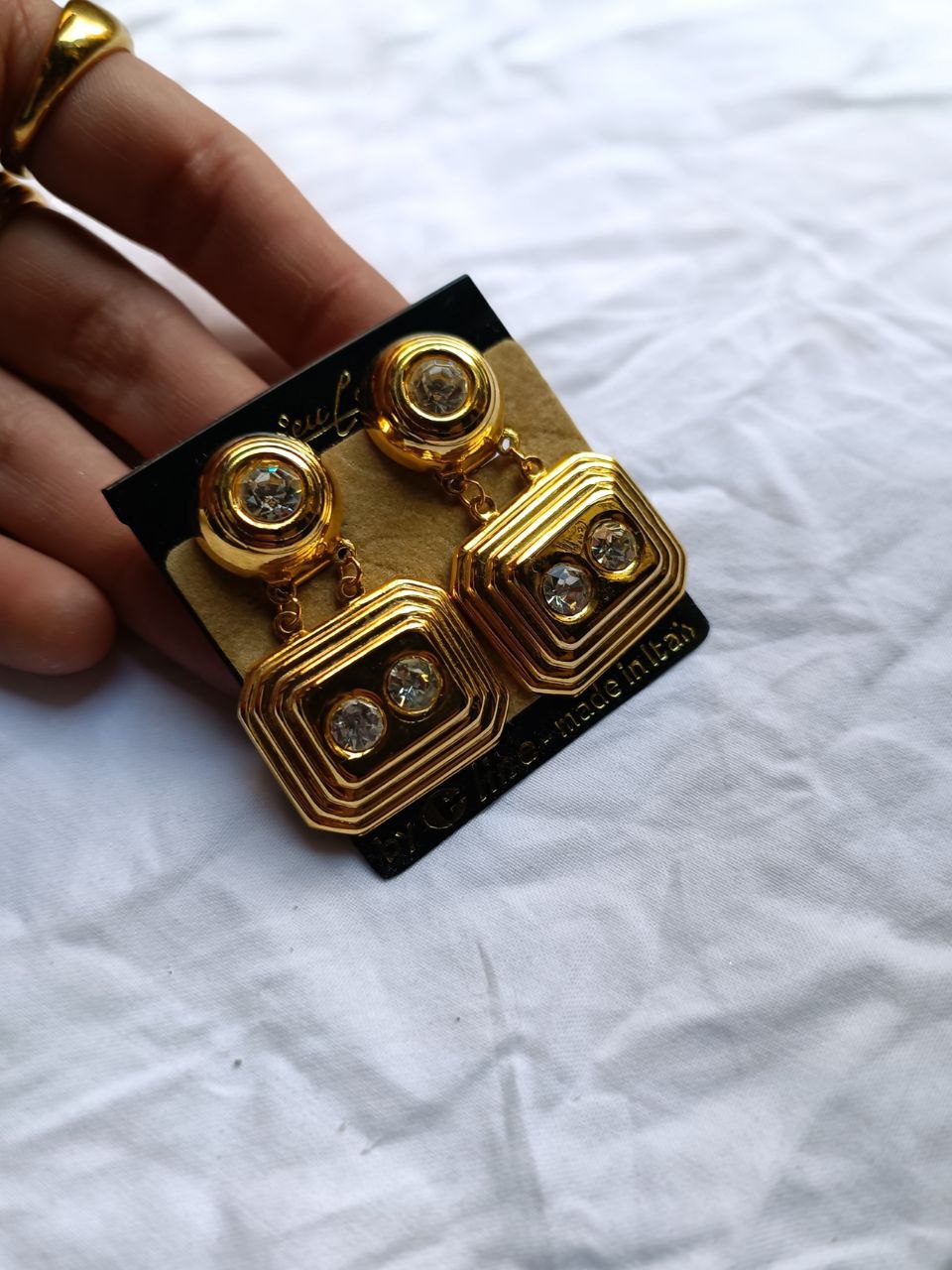 orecchini vintage nuovi anni 80 dorati pendenti con strass, chiusura clip-on