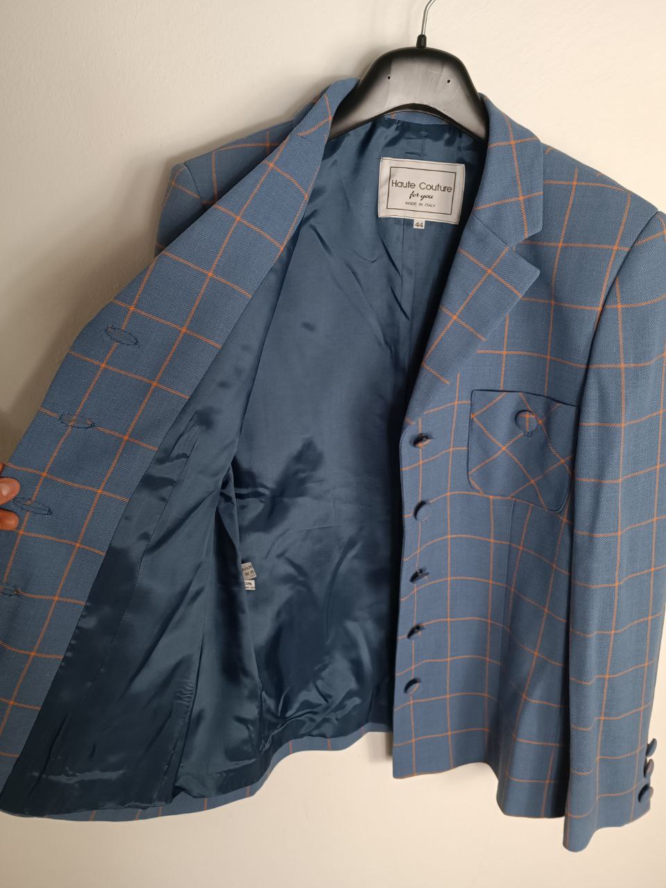 blazer vintage azzurro carta da zucchero in lana, fantasia a quadretti