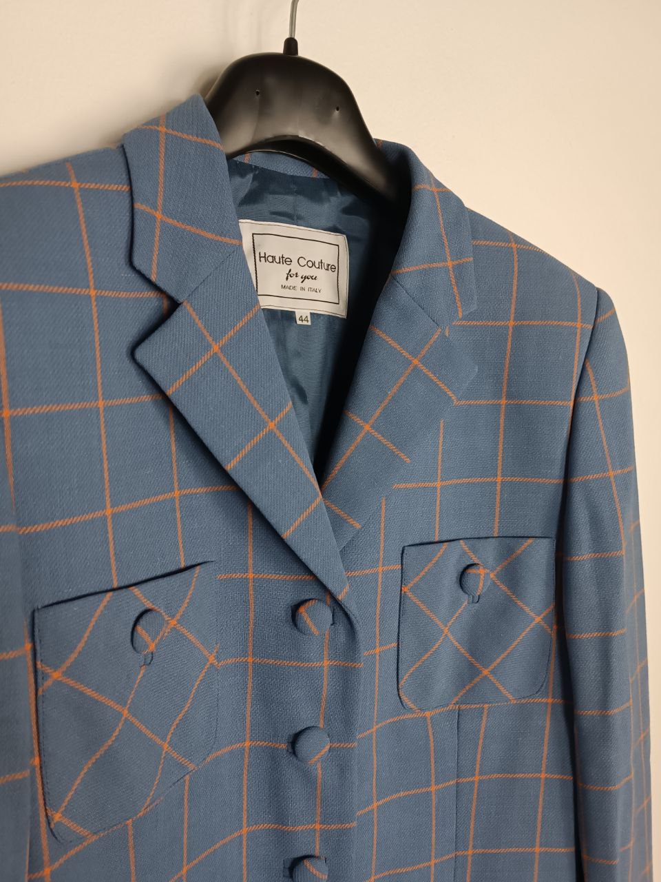 blazer vintage azzurro carta da zucchero in lana, fantasia a quadretti