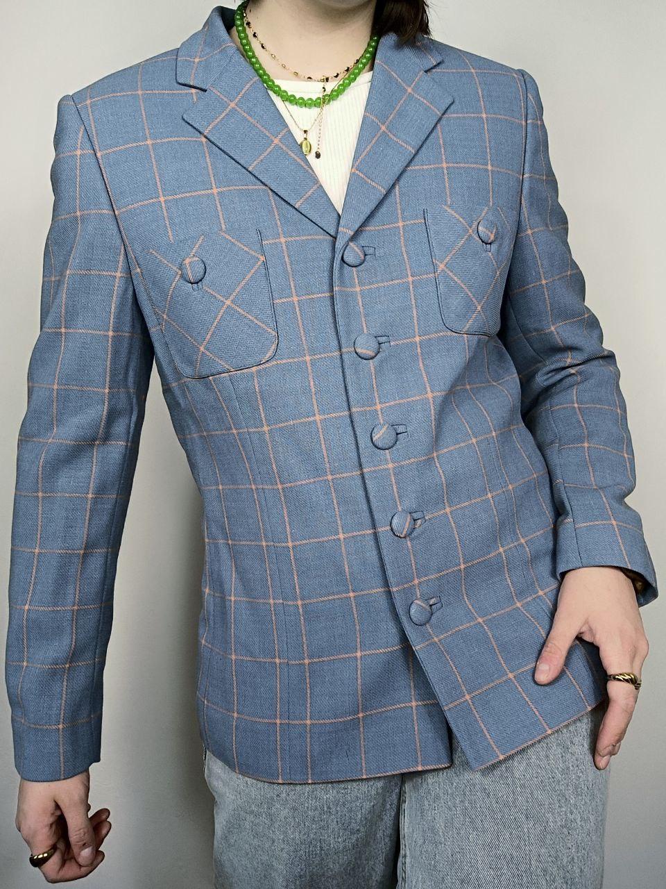 blazer vintage azzurro carta da zucchero in lana, fantasia a quadretti