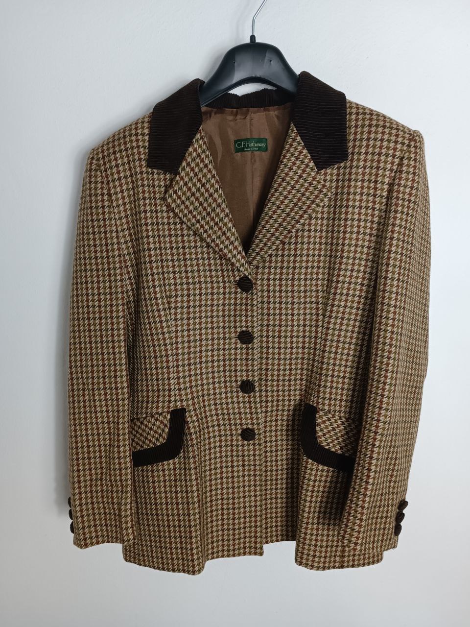 Giacca blazer vintage fantasia a quadretti marrone e beige in lana, colletto in velluto a coste