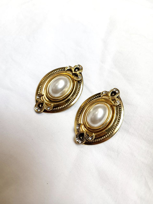 Orecchini vintage bigiotteria anni 80 clip-on ovali dorati con perla