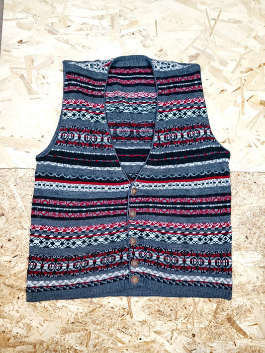 gilet vintage in maglia misto lana fantasia jacquard grigio e rosso