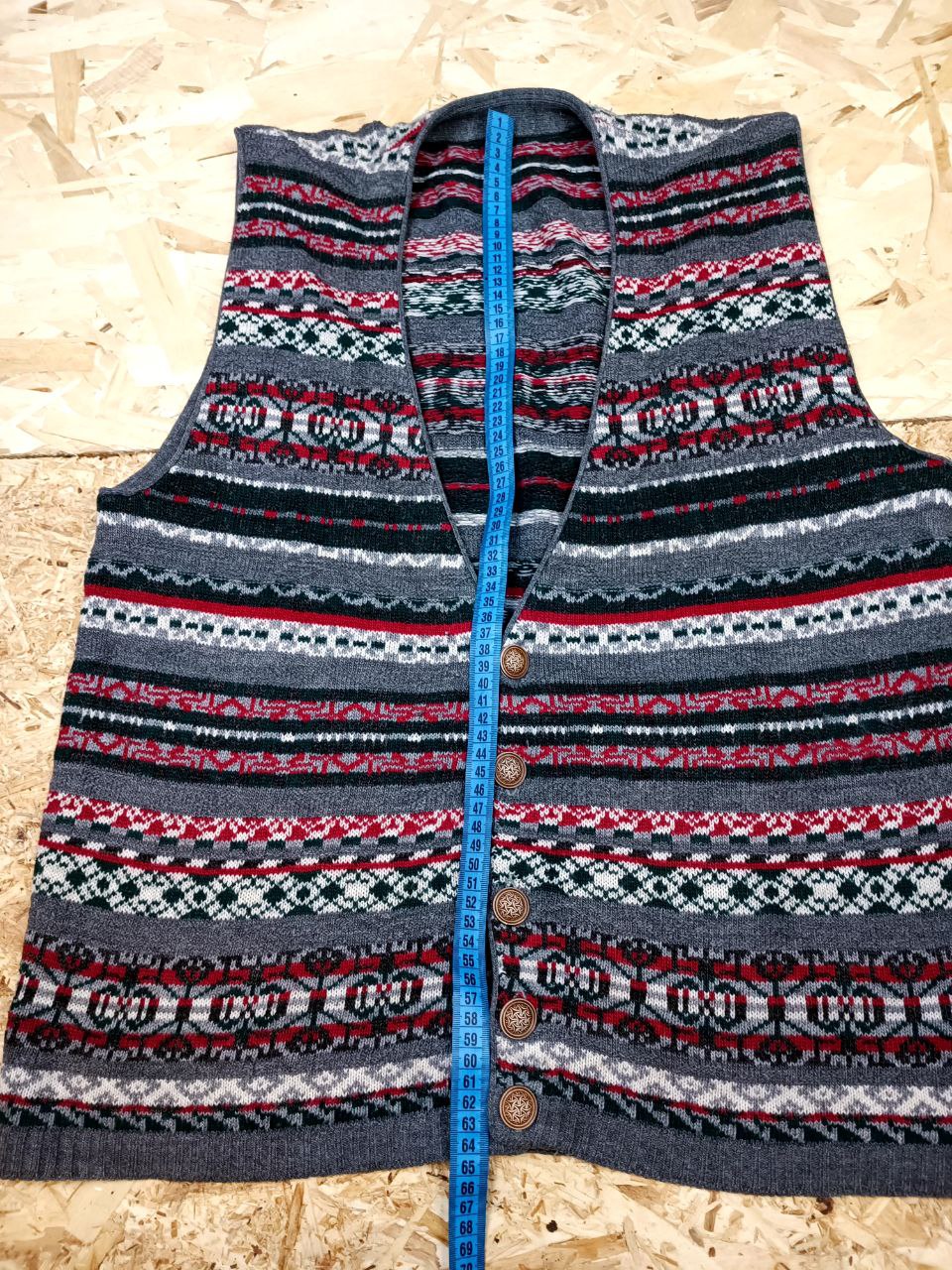 gilet vintage in maglia misto lana fantasia jacquard grigio e rosso