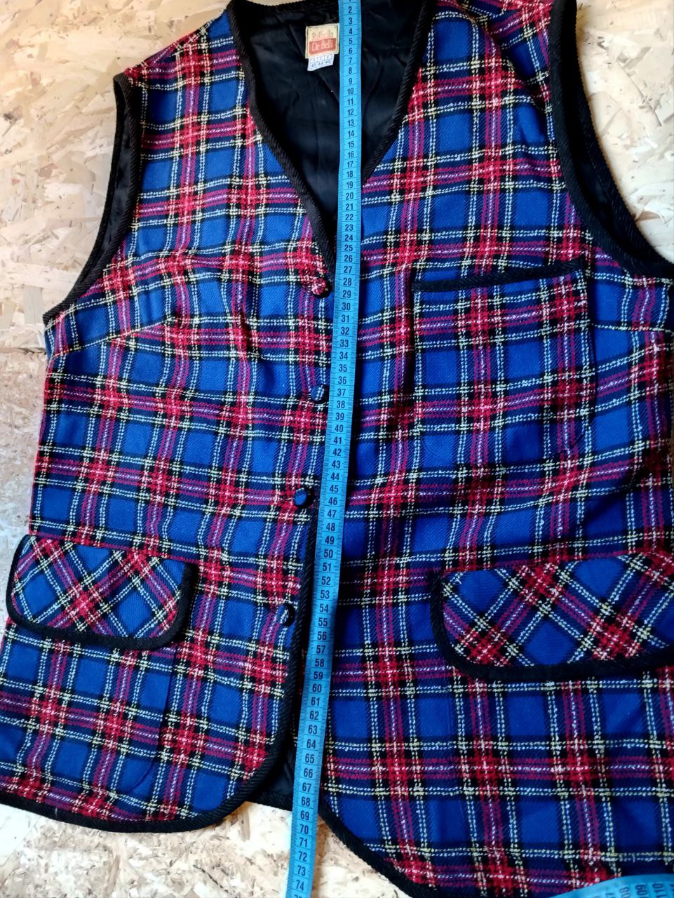gilet vintage smanicato tweed tartan blu e rosso in misto lana