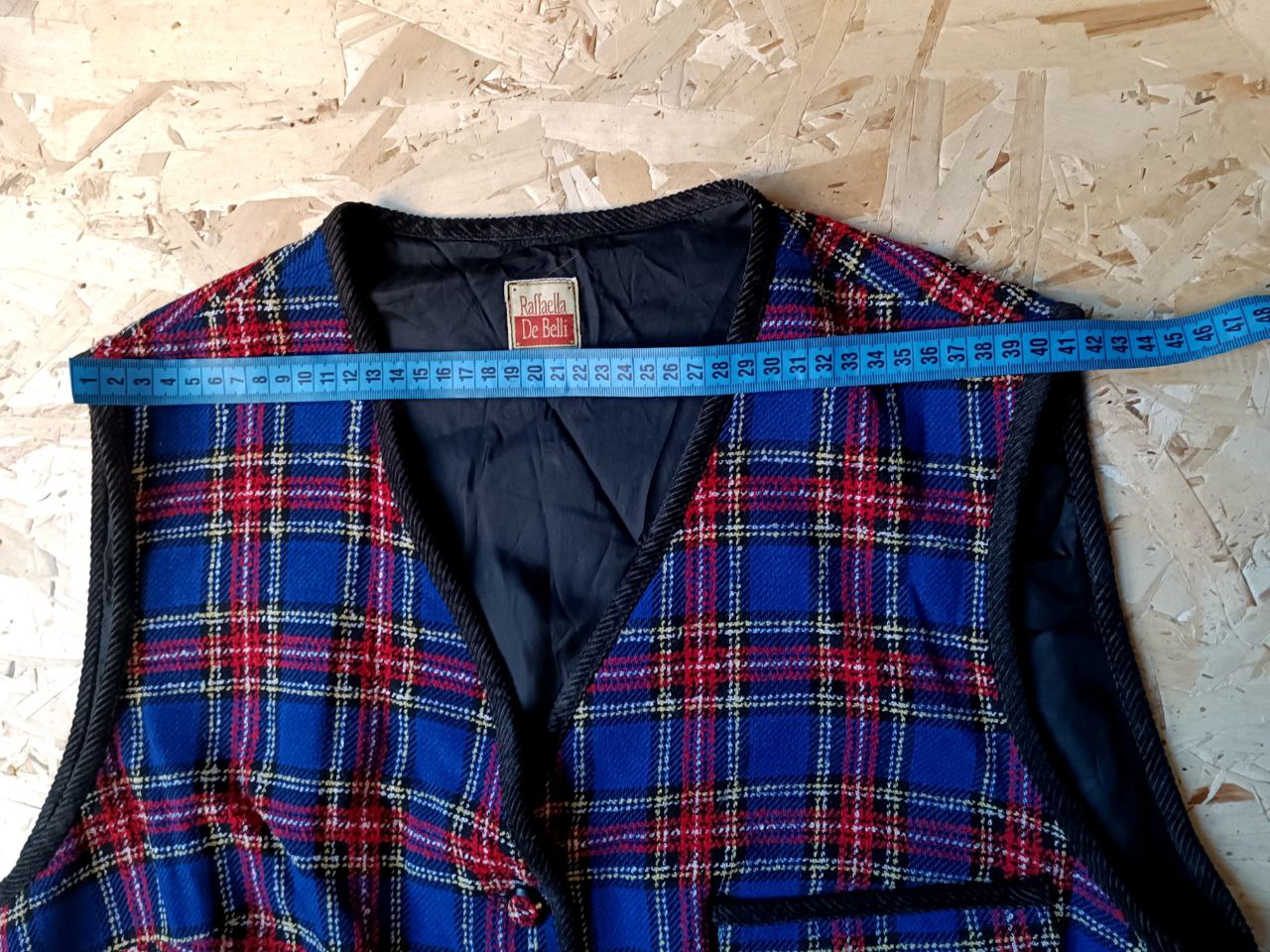 gilet vintage smanicato tweed tartan blu e rosso in misto lana