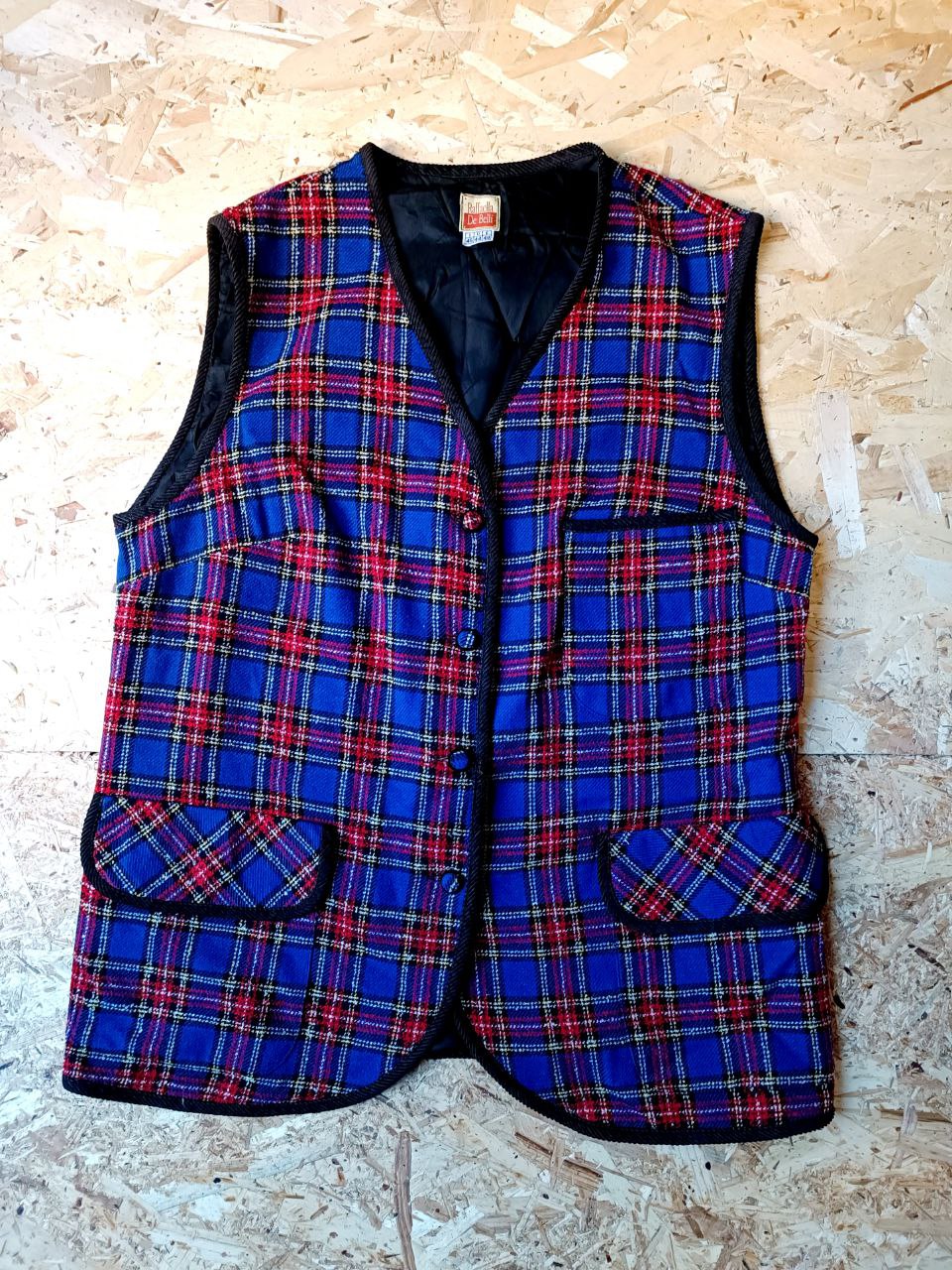 gilet vintage smanicato tweed tartan blu e rosso in misto lana