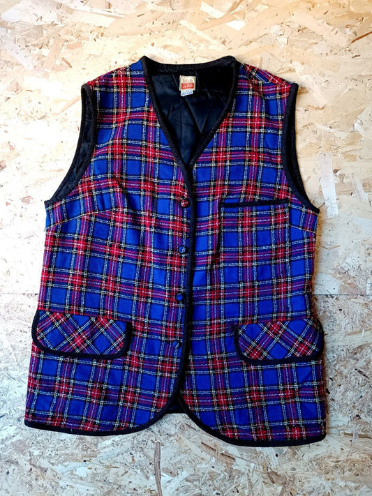 gilet vintage smanicato tweed tartan blu e rosso in misto lana
