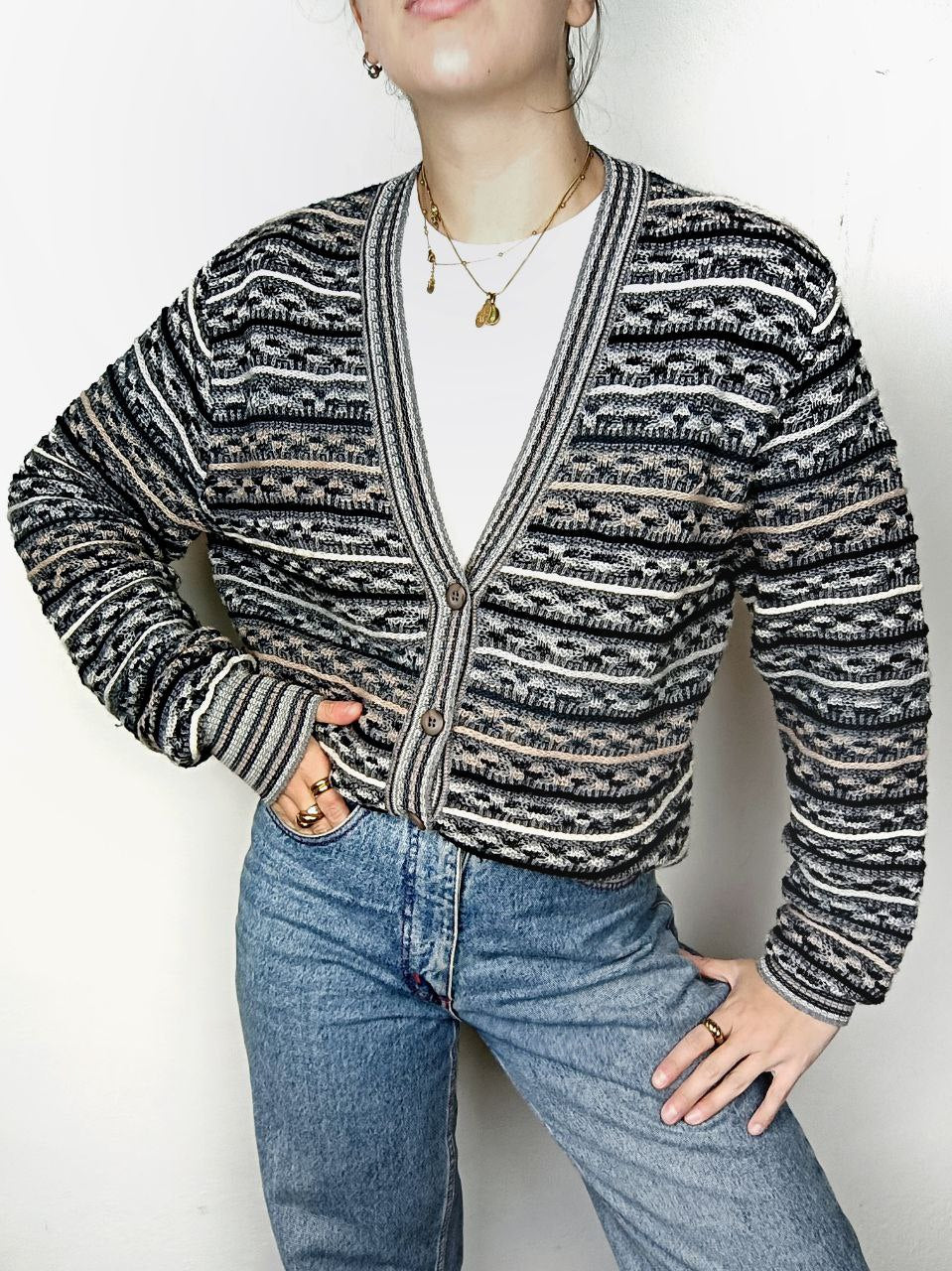 maglione cardigan vintage 80s coogi style jacquard misto lana grigio e beige