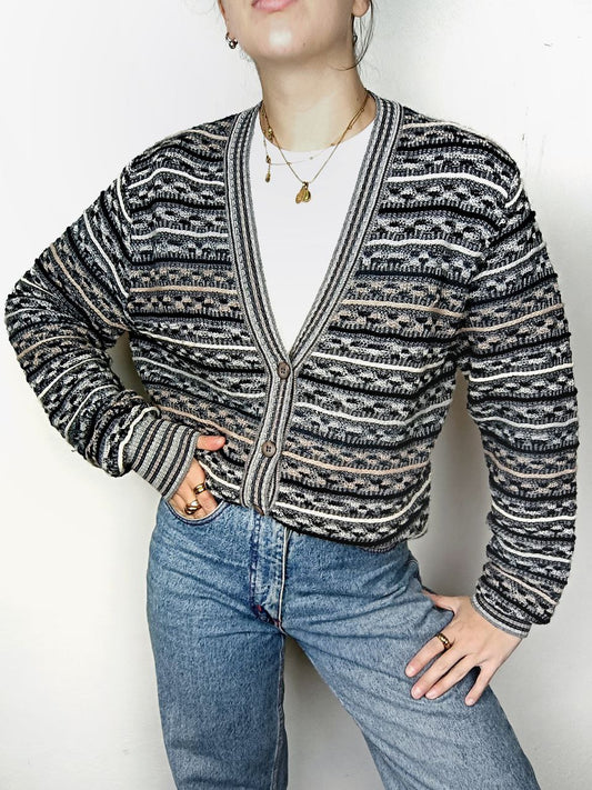 maglione cardigan vintage 80s coogi style jacquard misto lana grigio e beige