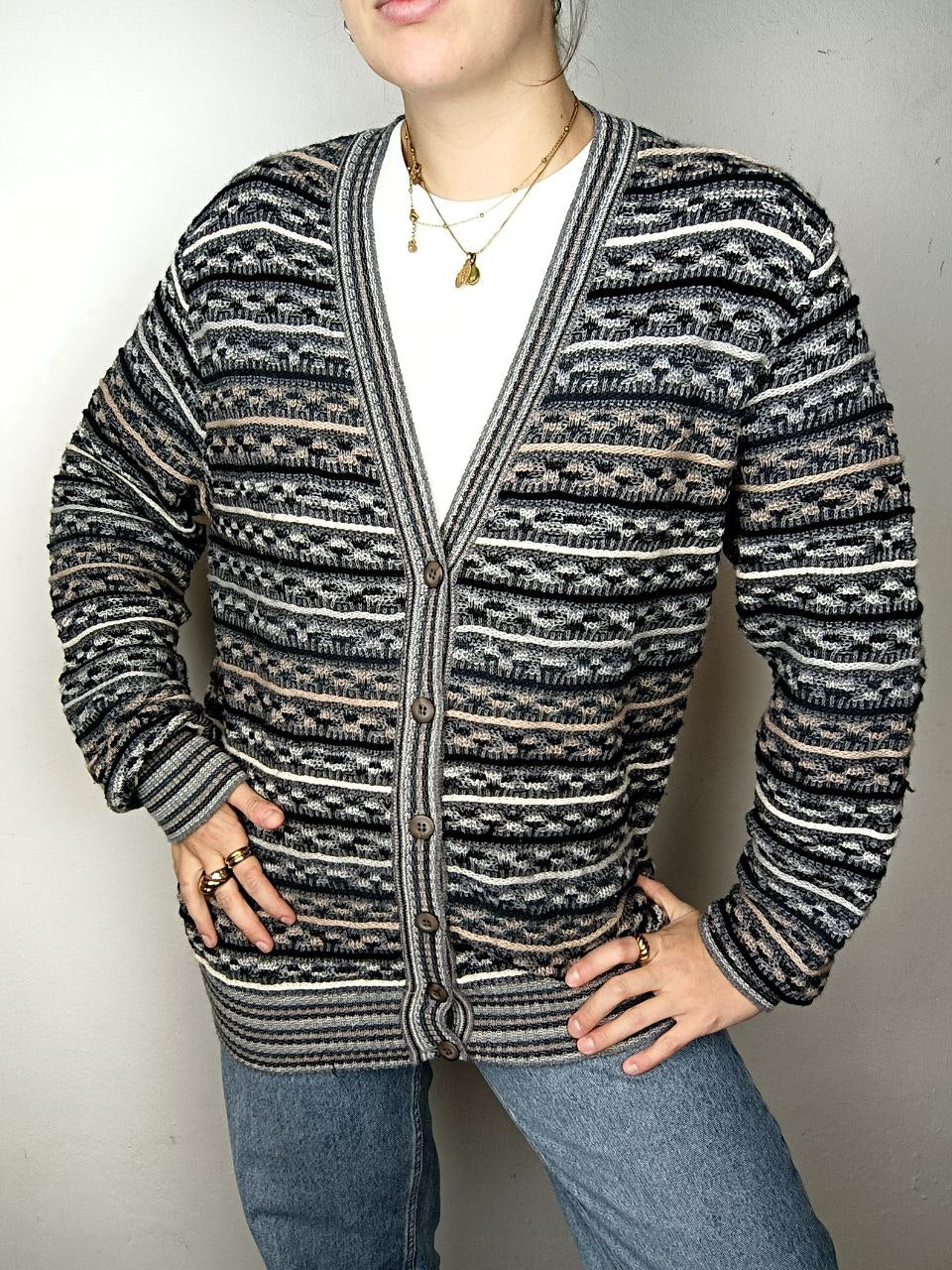 maglione cardigan vintage 80s coogi style jacquard misto lana grigio e beige