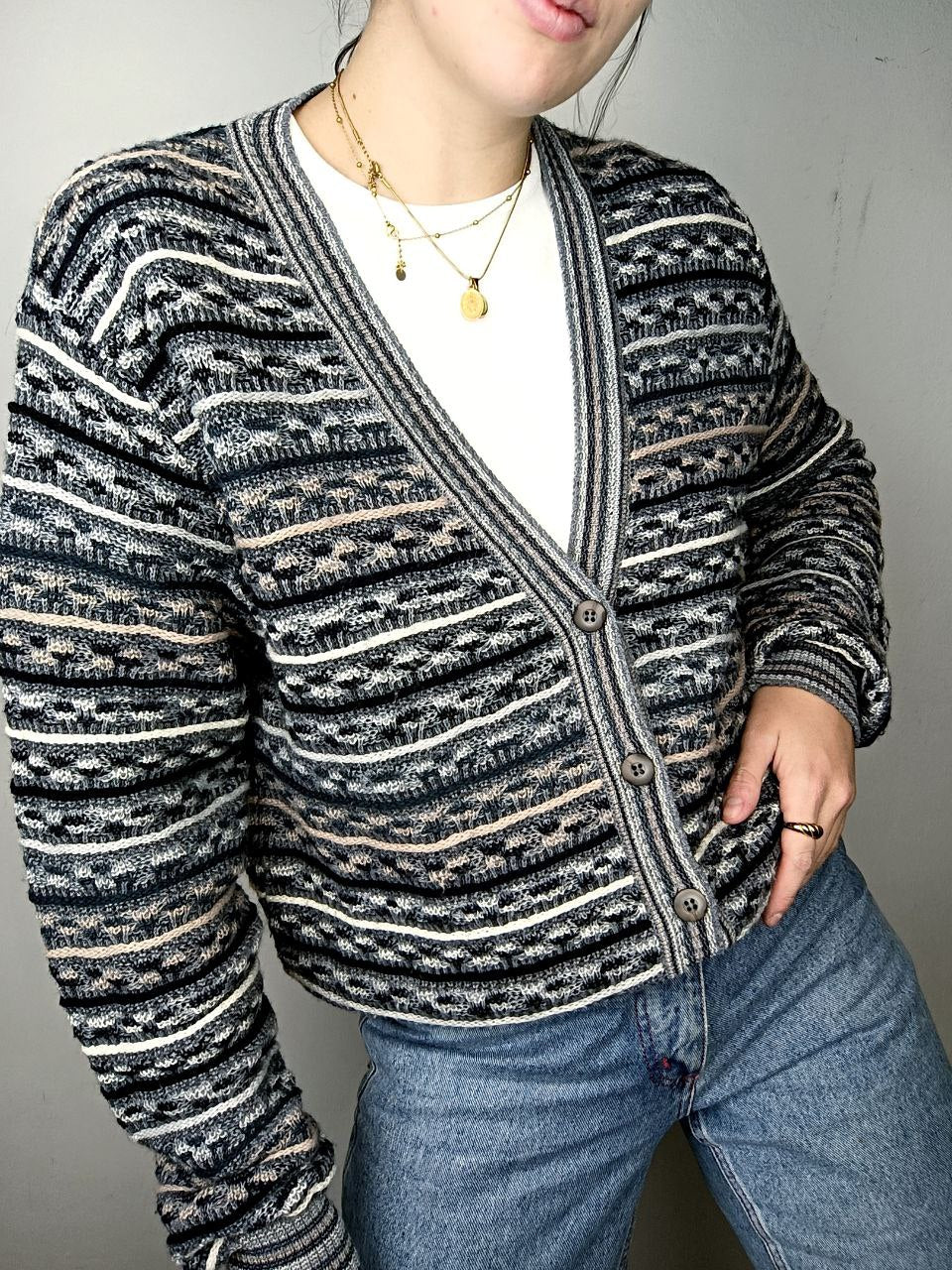 maglione cardigan vintage 80s coogi style jacquard misto lana grigio e beige