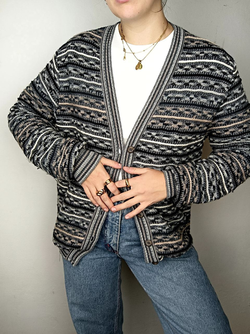 maglione cardigan vintage 80s coogi style jacquard misto lana grigio e beige