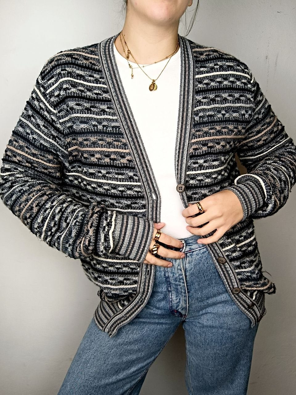 maglione cardigan vintage 80s coogi style jacquard misto lana grigio e beige