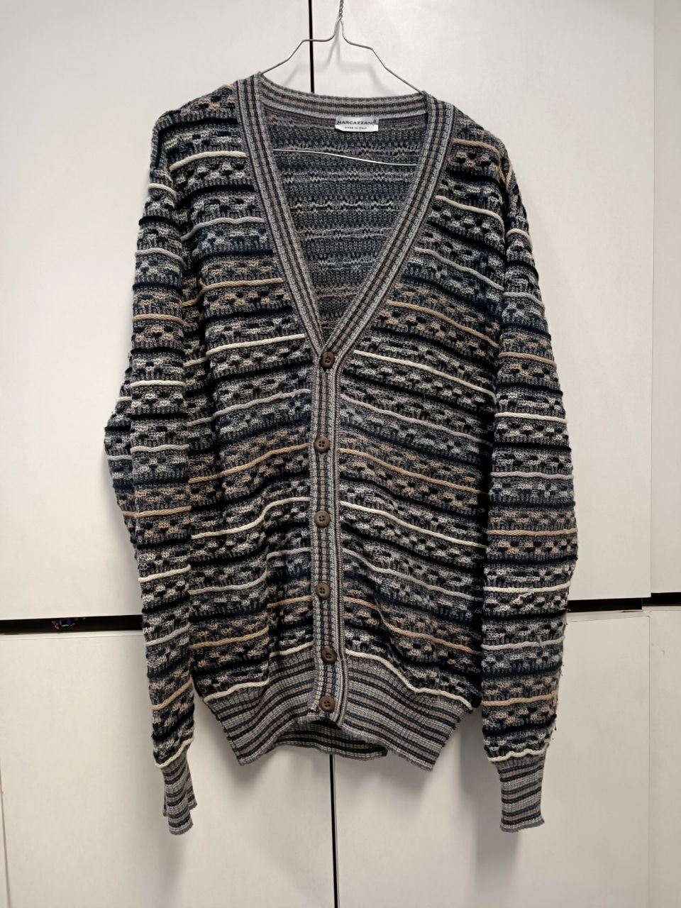 maglione cardigan vintage 80s coogi style jacquard misto lana grigio e beige