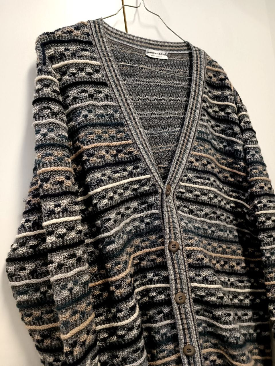 maglione cardigan vintage 80s coogi style jacquard misto lana grigio e beige