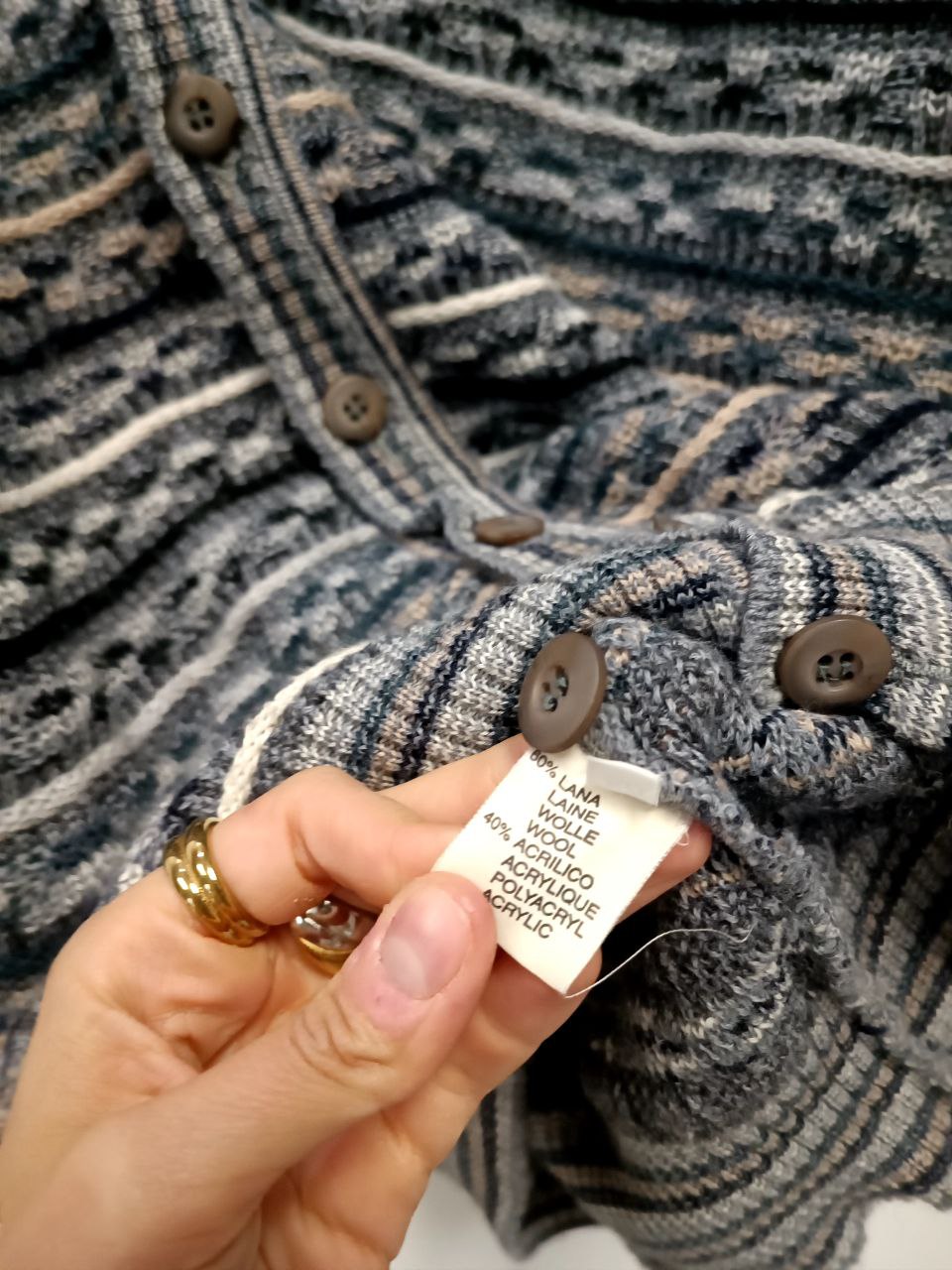 maglione cardigan vintage 80s coogi style jacquard misto lana grigio e beige