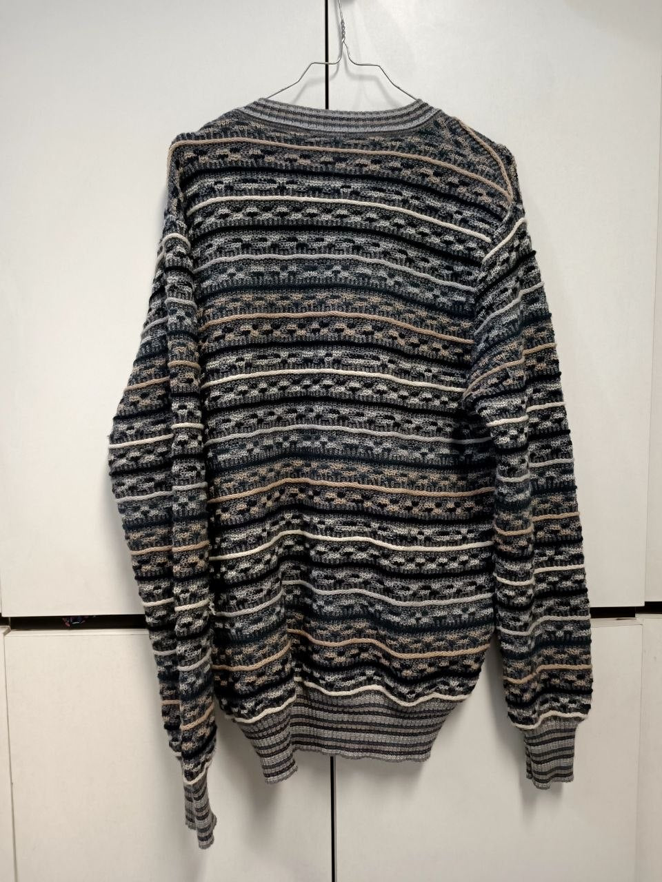 maglione cardigan vintage 80s coogi style jacquard misto lana grigio e beige