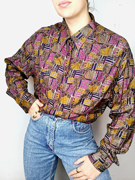 camicia vintage funky fantasia geometrica in viscosa viola, rosa e giallo senape