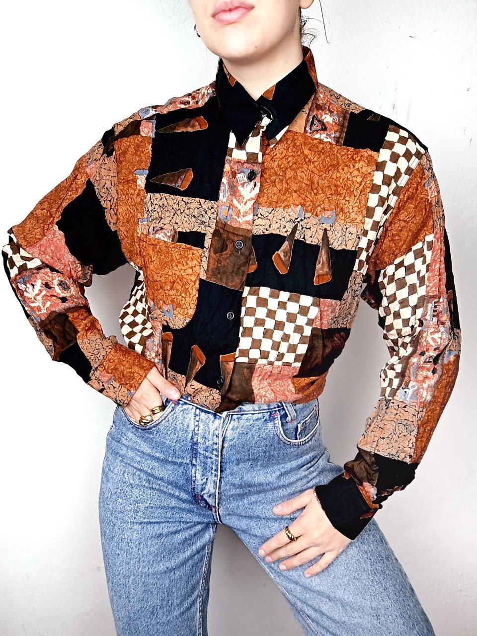 camicia vintage anni 80 fantasia funky arancione scacchi in viscosa