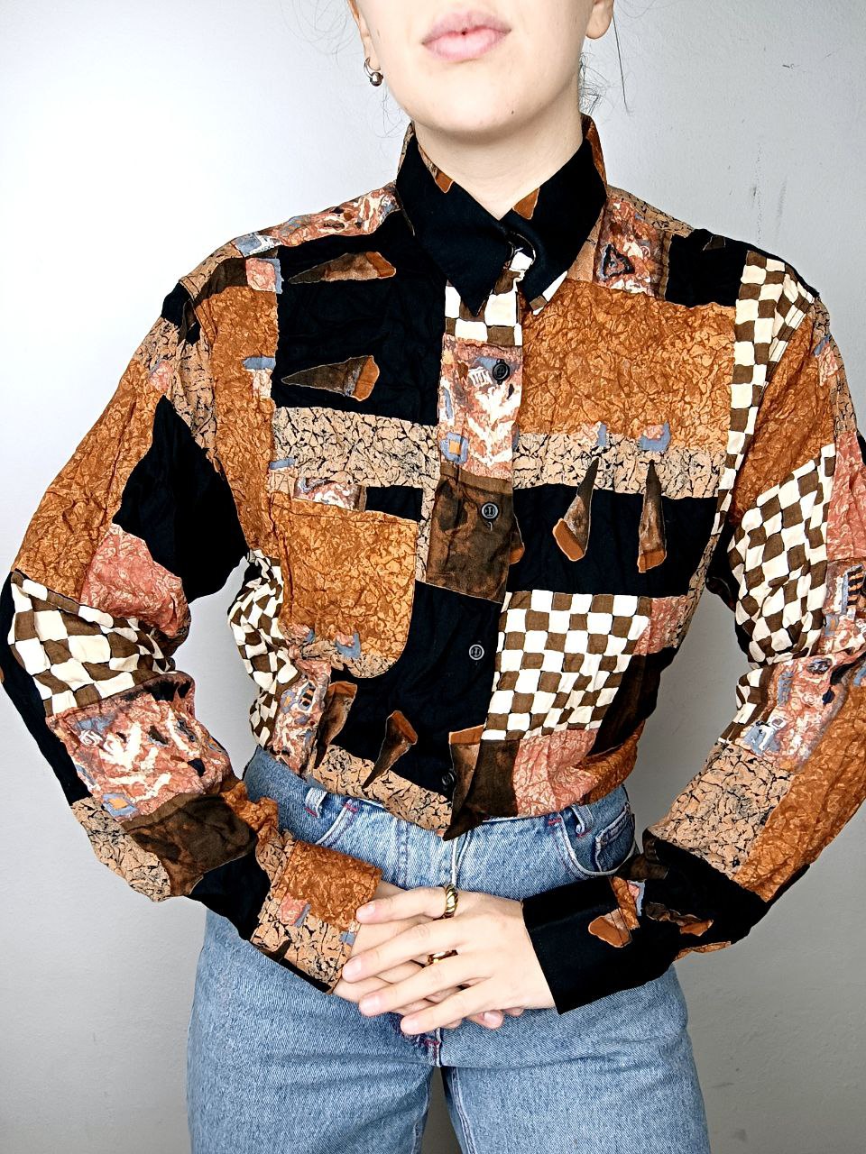 camicia vintage anni 80 fantasia funky arancione scacchi in viscosa