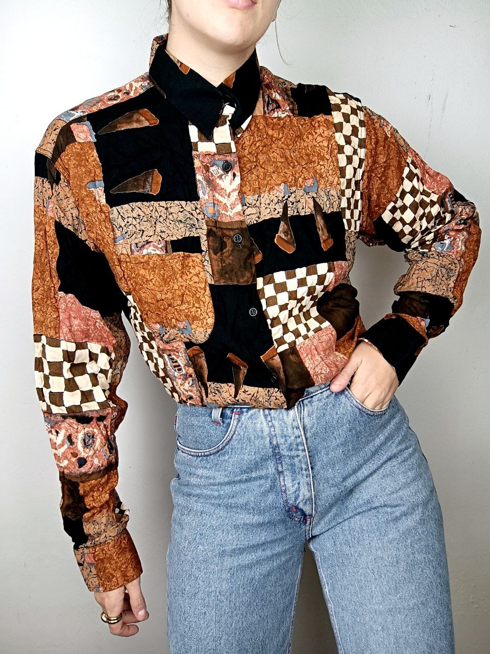 camicia vintage anni 80 fantasia funky arancione scacchi in viscosa