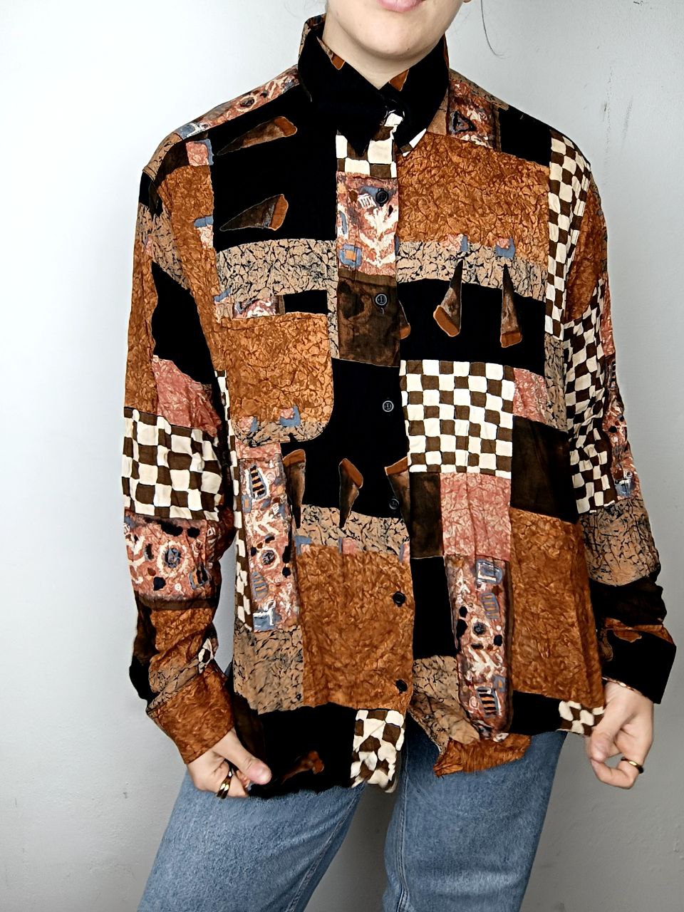 camicia vintage anni 80 fantasia funky arancione scacchi in viscosa