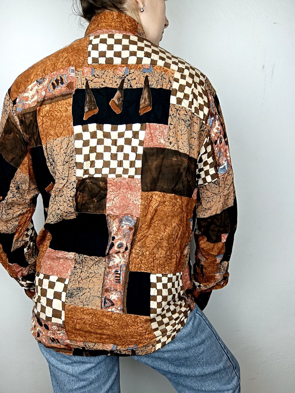 camicia vintage anni 80 fantasia funky arancione scacchi in viscosa