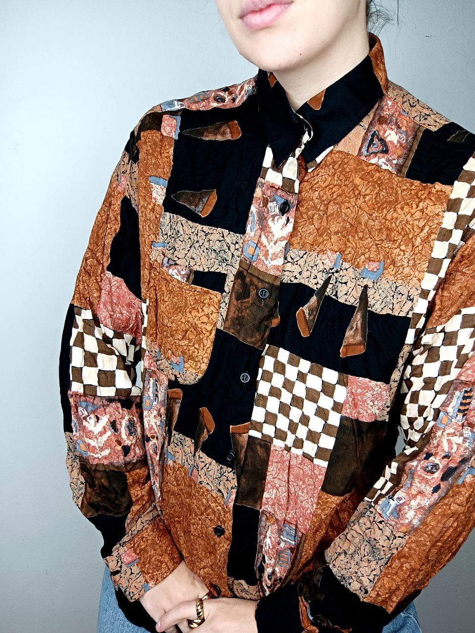 camicia vintage anni 80 fantasia funky arancione scacchi in viscosa