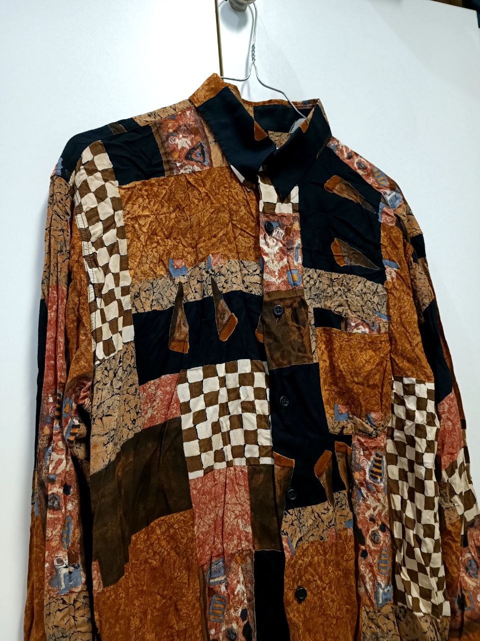 camicia vintage anni 80 fantasia funky arancione scacchi in viscosa