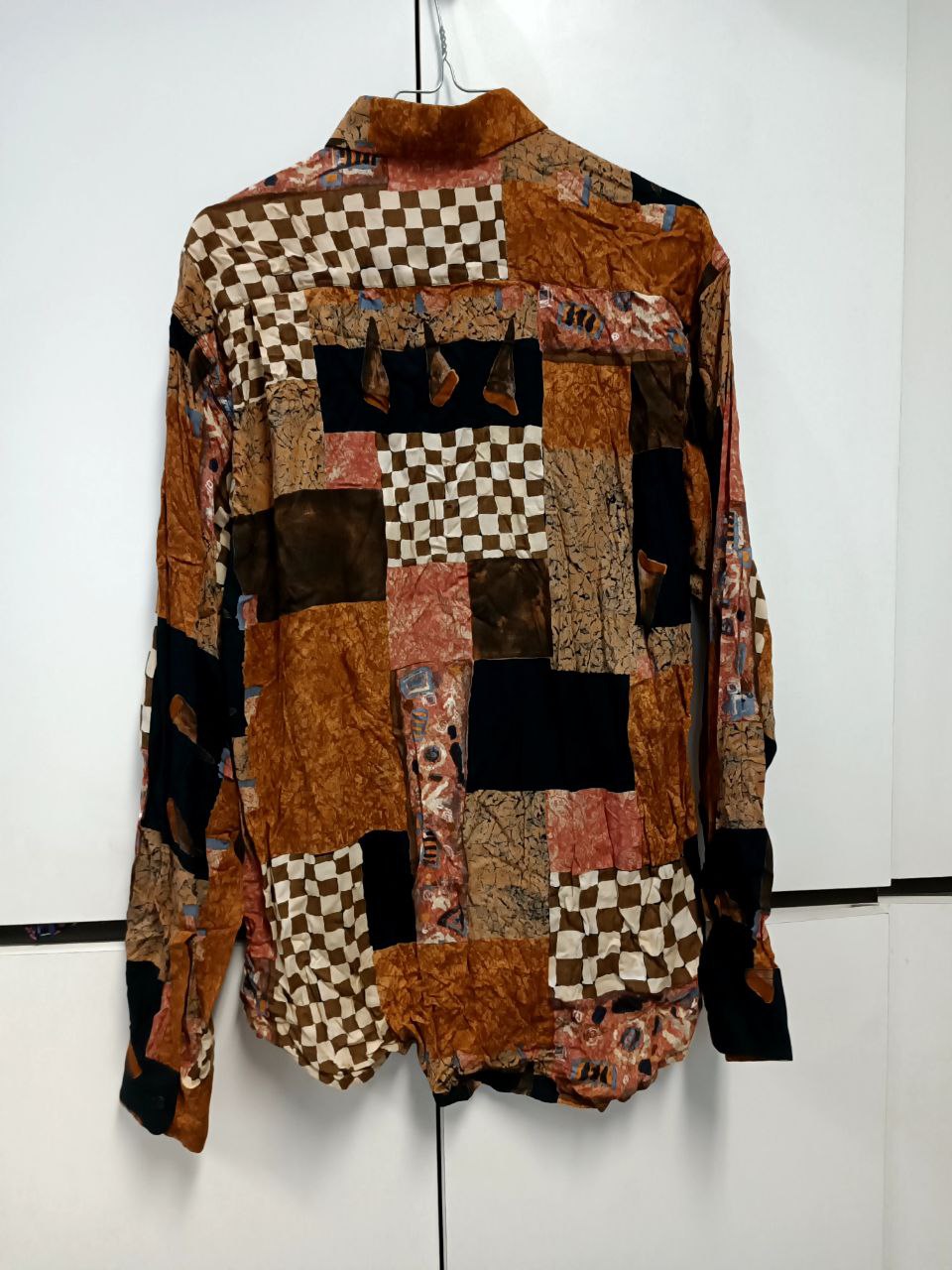 camicia vintage anni 80 fantasia funky arancione scacchi in viscosa