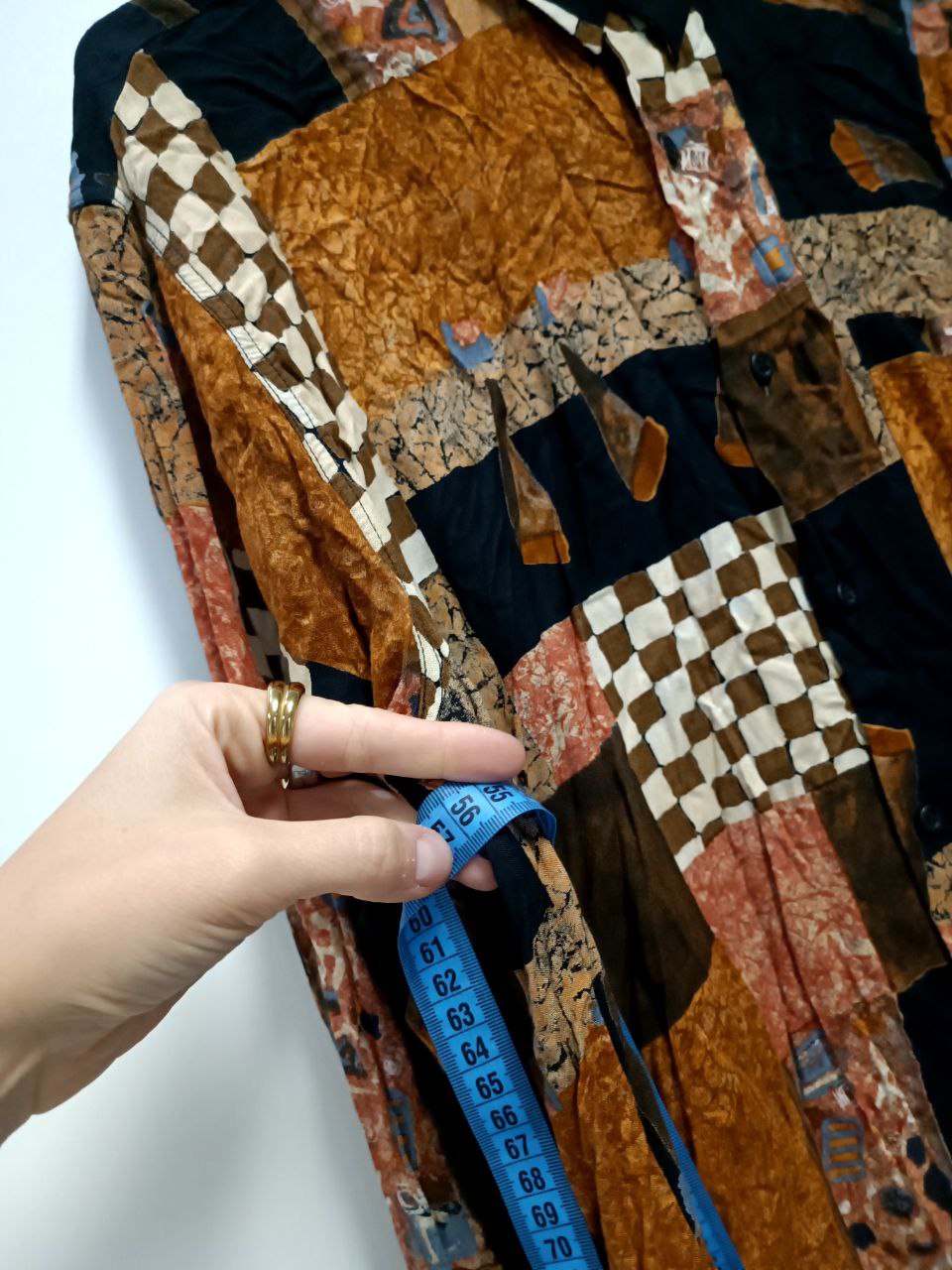 camicia vintage anni 80 fantasia funky arancione scacchi in viscosa